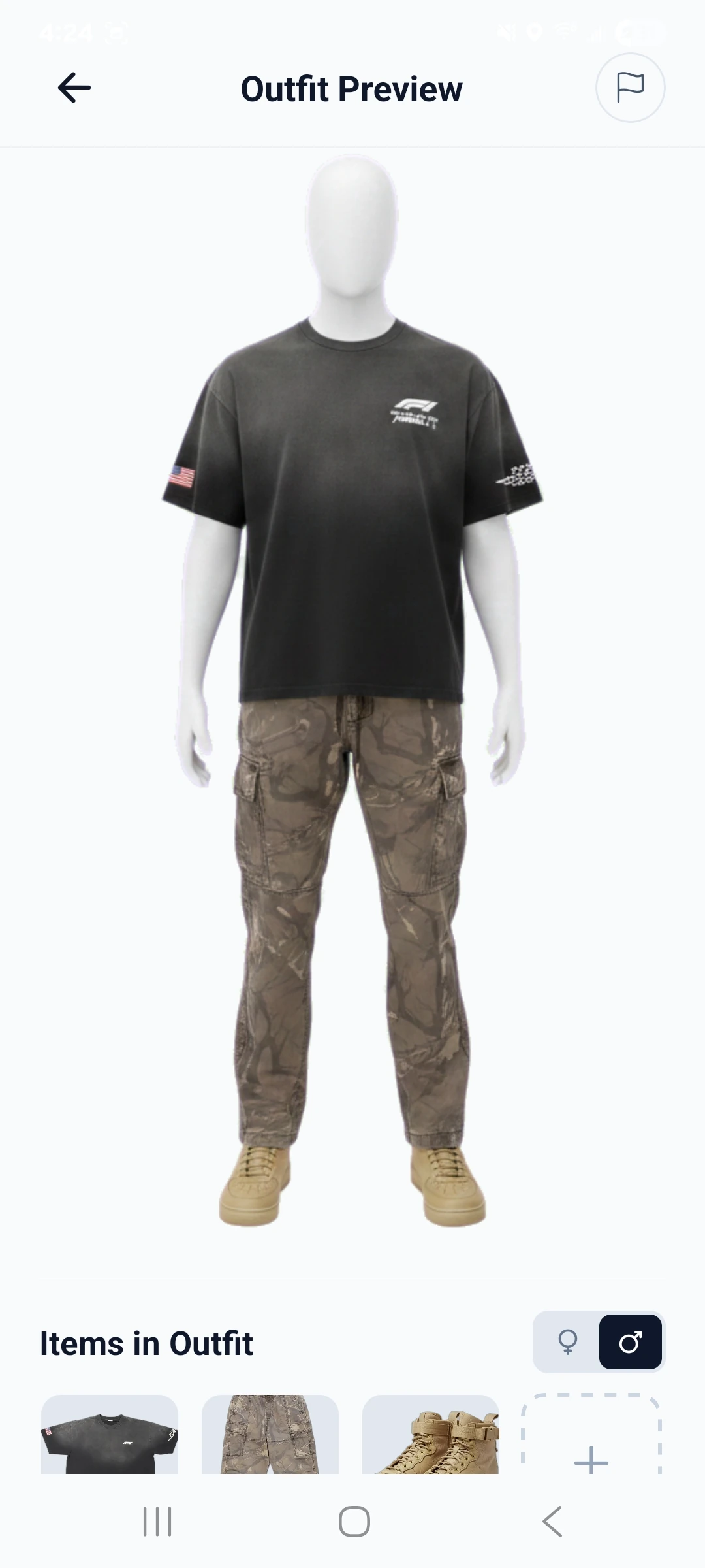 StyleStreak outfit preview with clothing displayed on a mannequin