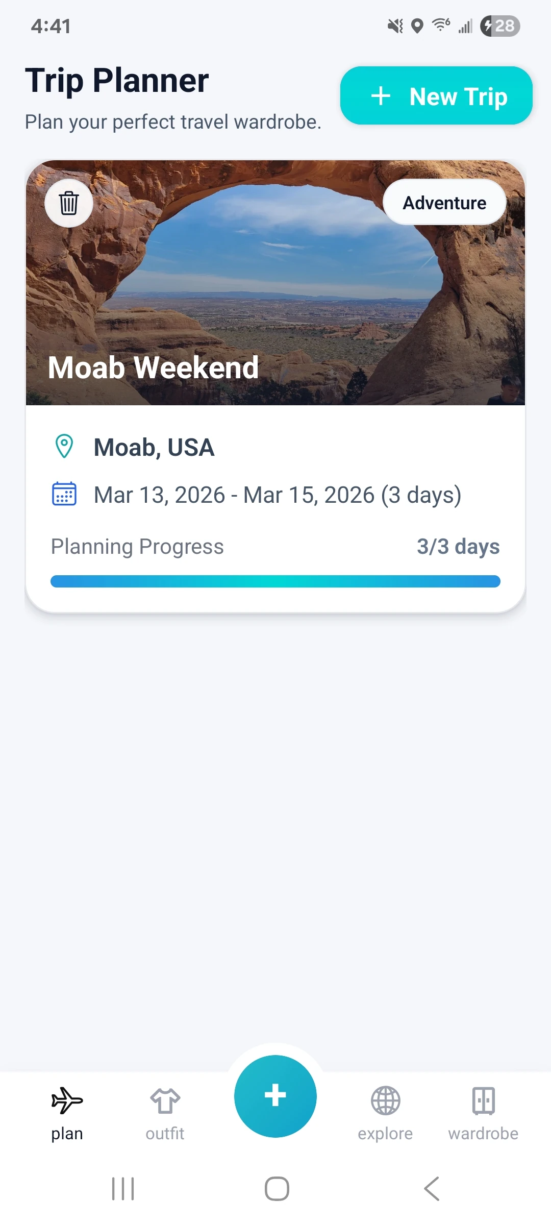 StyleStreak trip planner displaying a planned weekend trip